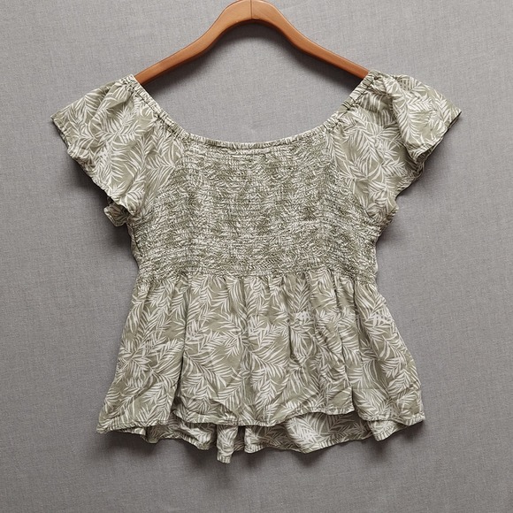 Japna Babydoll Top Cottagecore Boho Floral Ruched Smocked Ruffle Sleeve Sage L - Picture 6 of 12